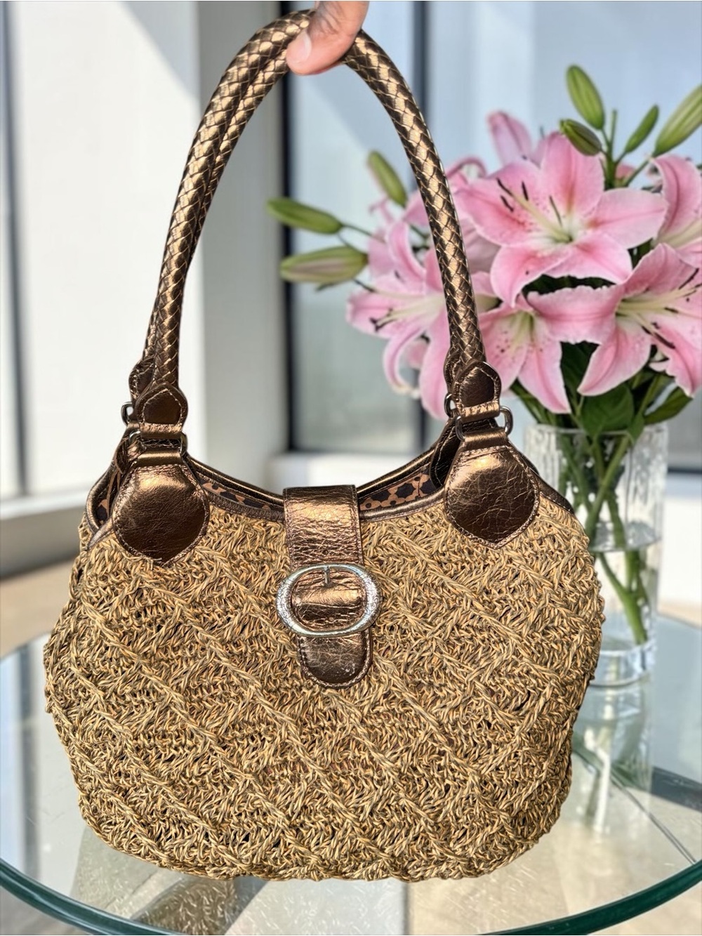 Brighton Raven Woven Raffia & Metallic Bronze Leather Hobo Bag EUC